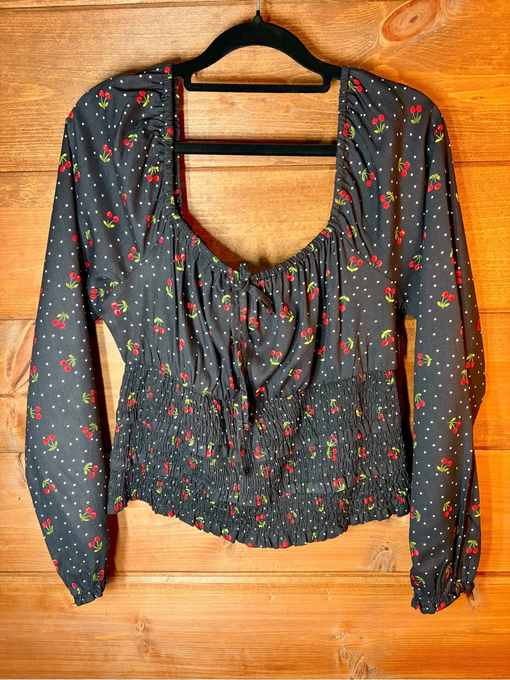 Planet Gold Black Polka Dot Smocked Floral Crop Top Red Cherry Accents Medium ❤️
